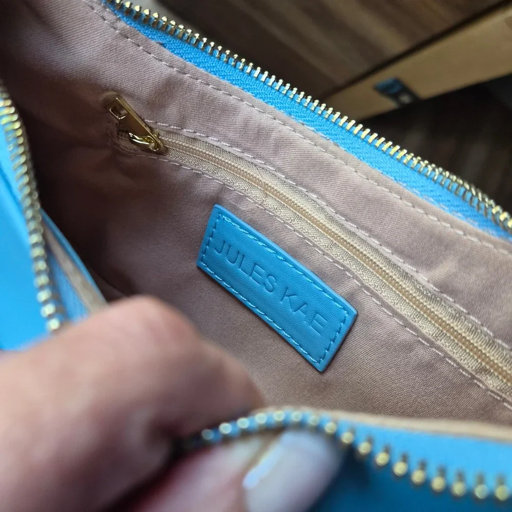 Jules‎ Kae Blue Vegan Leather Crescent Crossbody Bag Whipstitch Trim Gold PETA